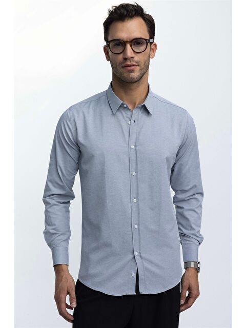 TUDORS Modern Slim Fit Uzun Kollu Pamuklu Kolay Ütü Armürlü Erkek Gri Gömlek - S000027540-20600