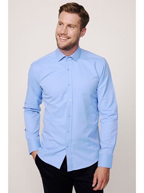 TUDORS Erkek Modern Slim Fit Pamuklu Düz Mavi Gömlek - S000027539-17234