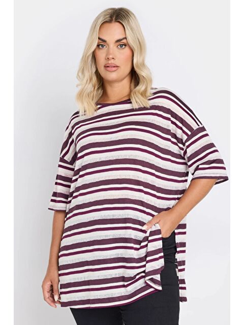 Stil Diva Büyük Beden Yanları Yırtmaçlı Kısa Kollu Bisiklet Yaka Çizgili Tişört 303668 - S000337785-20042
