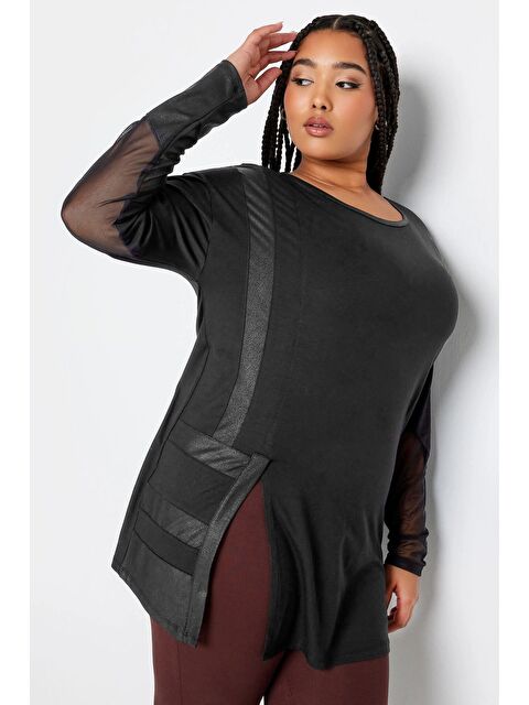 Stil Diva Büyük Beden Suni Deri Detaylı File Kol Yırtmaçlı Bluz 302671 - S000136758-19351