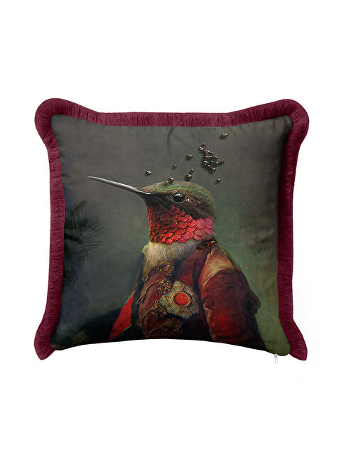 Milbay Grup Avangart Kuş Portre Saçaklı Yastık Kılıfı - Viktoryen Lüks Retro Bordo Püsküllü Kırlent Kılıfı