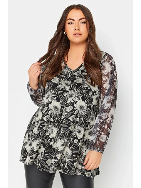 Stil Diva Büyük Beden Uzun Kolları Tül Detaylı Pileli V Yaka Bluz 303115 - S000246298-19351