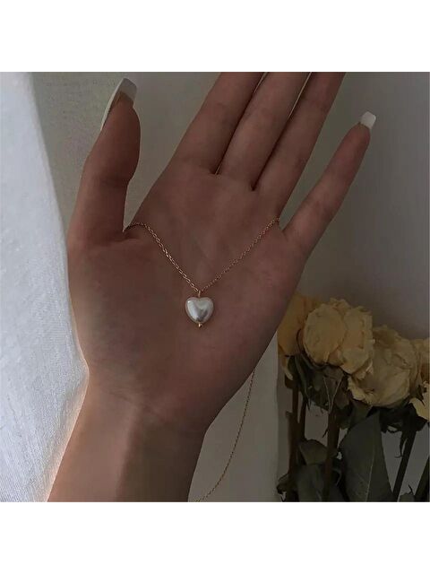Pelin Aksesuar İnci Kalp Figürlü İnce Zincirli Kolye - S000052396-23173