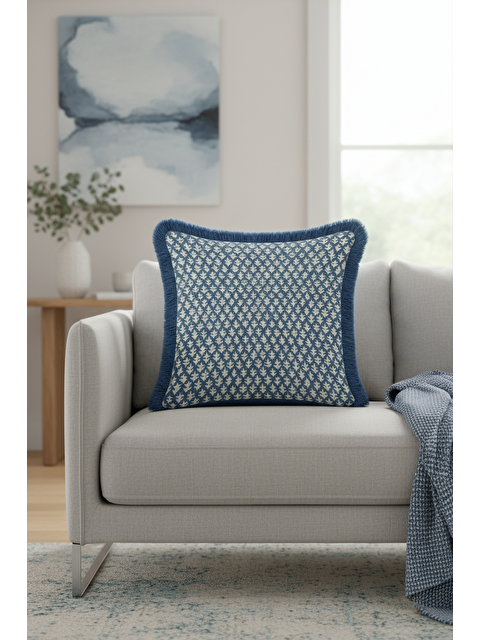 Milbay Grup Naturel Yaprak Motifli Saçaklı Yastık Kılıfı - Zarif İskandinav Mavi Kenarlı Püsküllü Kırlent Kılıfı