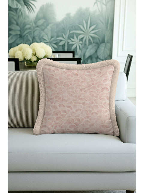 Milbay Grup Art Deco Lüks Saçaklı Yastık Kılıfı - Zarif Pembe Modern Bej Püsküllü Kırlent Kılıfı