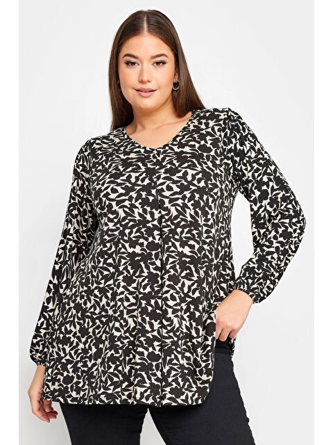 Stil Diva Büyük Beden V Yaka Uzun Kollu Kolları Lastikli Desenli Bluz 302721 - S000136576-19351