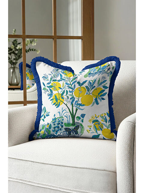 Milbay Grup Limon Ağaçları Saçaklı Yastık Kılıfı - Akdeniz Bahçe Country Mavi Yeşil Püsküllü Kırlent Kılıfı