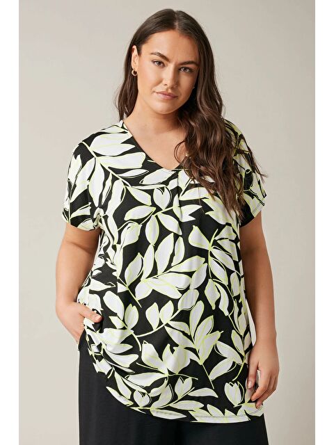 Stil Diva Büyük Beden V Yaka Kısa Kollu Yaprak Desenli Bluz 615244 - S000384689-19351