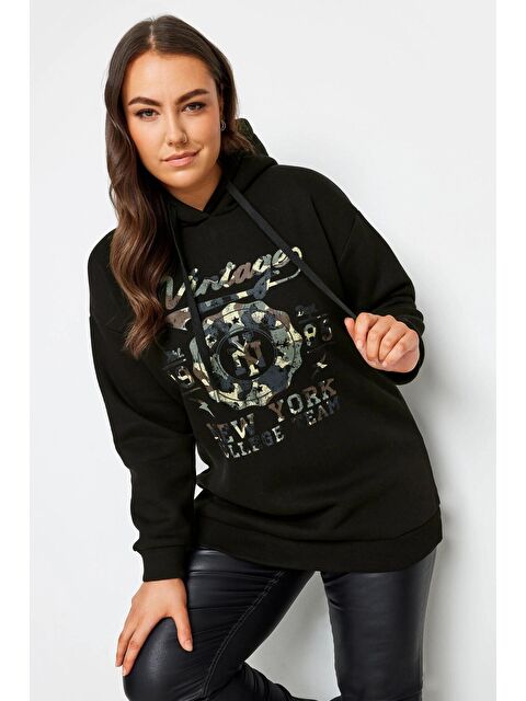 Stil Diva Büyük Beden Uzun Kollu Kapüşonlu Önü Yazı Baskılı Sweatshirt 302835 - S000288655-19351