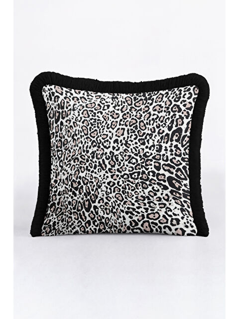 Milbay Grup Lüks Leopar Saçaklı Yastık Kılıfı - Vahşi Dokunuş Bohem Siyah Püsküllü Kırlent Kılıfı