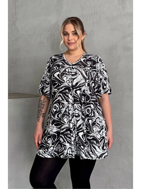 Stil Diva Büyük Beden V Yaka Kısa Kollu Eteği Bollaşan Desenli Bluz 101-17 - S000375523-19351