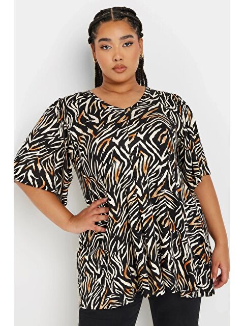 Stil Diva Büyük Beden V Yaka Ön Pileli Kısa Kollu Desenli Bluz 303726 - S000327533-19351