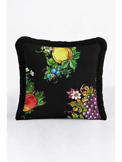 Milbay Grup Barok Meyve Bahçesi Saçaklı Yastık Kılıfı - Canlı Üzüm Çiçek Country Siyah Püsküllü Kırlent Kılıfı