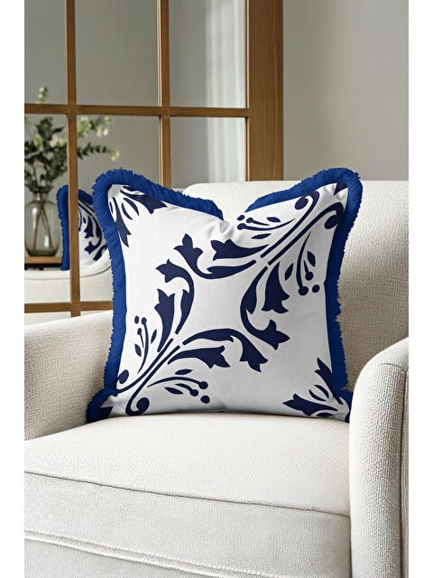 Milbay Grup Barok Lüks Saçaklı Yastık Kılıfı - Akdeniz Klasik Mavi Beyaz Modern Püsküllü Kırlent Kılıfı