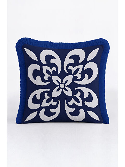 Milbay Grup Lüks Barok Motifli Saçaklı Yastık Kılıfı - Çiçek Formlu Klasik Lacivert Püsküllü Kırlent Kılıfı