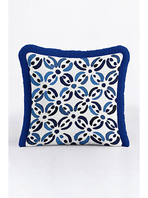 Milbay Grup Modern Geometrik Saçaklı Yastık Kılıfı - Akdeniz Stili Mavi Beyaz Püsküllü Kırlent Kılıfı
