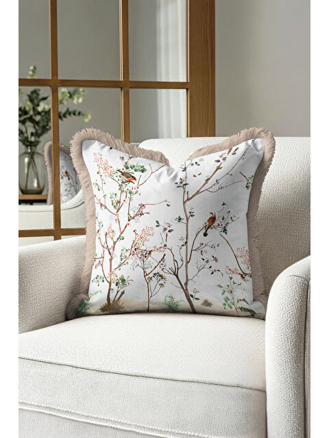 Milbay Grup Çiçekli Kuş Motifli Saçaklı Yastık Kılıfı - Doğal Bahar Rustik Bej Püsküllü Kırlent Kılıfı