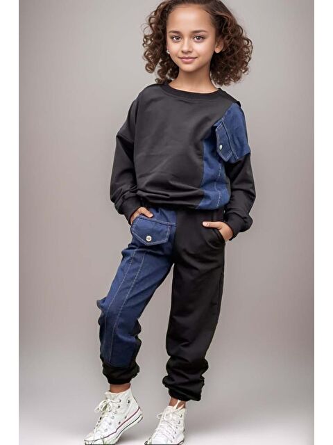 Riccotarz Kız Çocuk Jean Detaylı Cepli Aplike Siyah Eşofman Takım - S000287212-19351