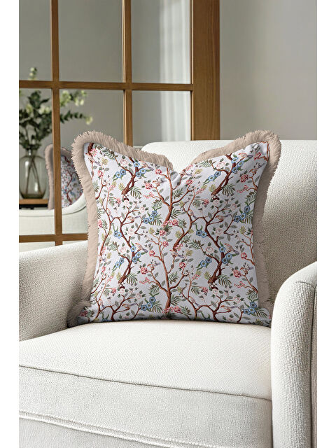 Milbay Grup Çiçekli Kuş Motifli Saçaklı Yastık Kılıfı - Vintage Doğa Temalı Mavi Bej Püsküllü Kırlent Kılıfı