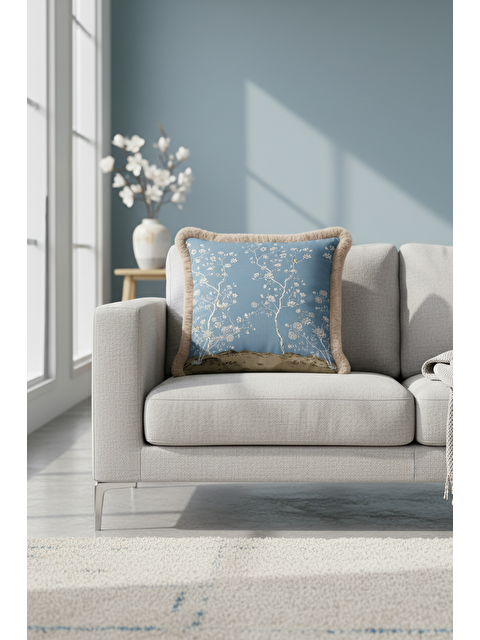 Milbay Grup Çiçekli Bahar Şıklığı Saçaklı Yastık Kılıfı - Doğa Esintili Klasik Mavi Bej Püsküllü Kırlent Kılıfı