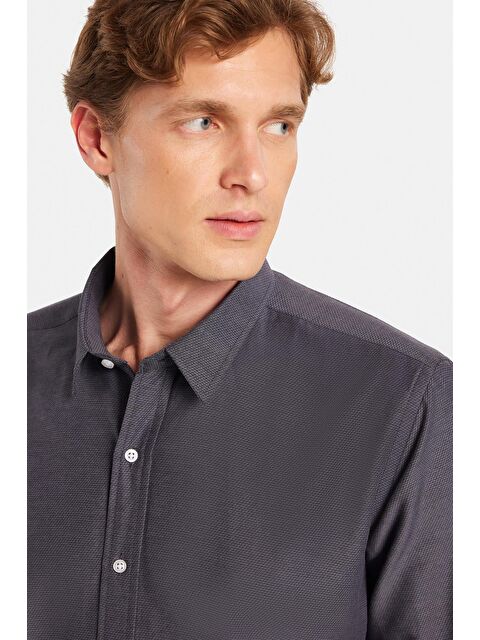 TUDORS Modern Slim Fit Uzun Kollu Pamuklu Kolay Ütü Armürlü Erkek Füme Gömlek - S000072066-29351