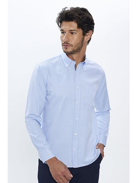 TUDORS Erkek Regular Fit Klasik Kesim Pamuklu Kolay Ütü Armürlü Mavi Düğmeli Yaka Gömlek - S000243651-17234