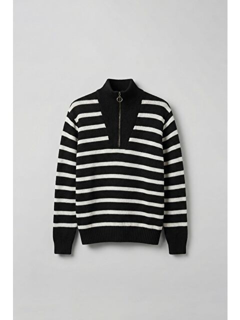 Abluka Online Erkek Oversize Fermuarlı Çizgili Kazak Siyah - S000118422-19351