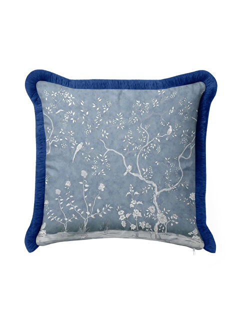 Milbay Grup Zarif Kuşlu Çiçekli Saçaklı Yastık Kılıfı - Klasik Bahçe Temalı Mavi Püsküllü Kırlent Kılıfı
