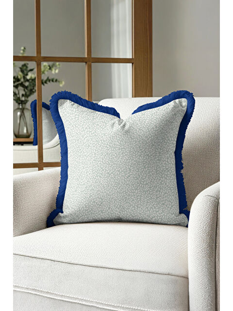 Milbay Grup Zarif Yaprak Motifli Saçaklı Yastık Kılıfı - Mavi Kenarlı İskandinav Yeşil Püsküllü Kırlent Kılıfı