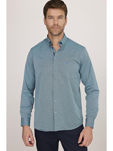 TUDORS Erkek Regular Fit Klasik Kesim Pamuklu Oxford Doku Tek Cepli Yeşil Düğmeli Yaka Gömlek - S000123963-18194