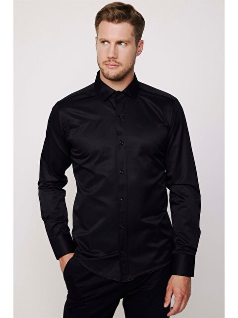 TUDORS Erkek Modern Slim Fit Düz Saten Pamuklu Siyah Gömlek - S000027414-19351