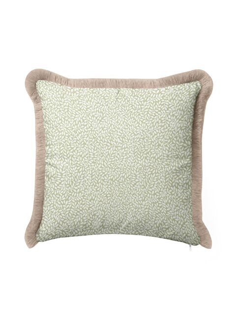 Milbay Grup Zarif Yaprak Motifli Saçaklı Yastık Kılıfı - Doğal Yeşil Rustik Bej Püsküllü Kırlent Kılıfı