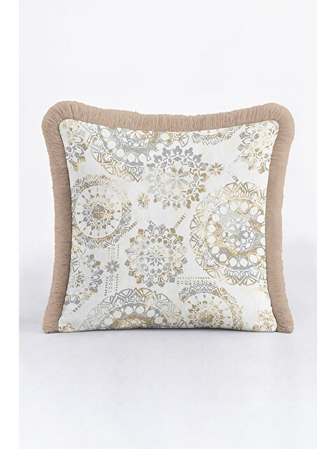 Milbay Grup Lüks Mandala Saçaklı Yastık Kılıfı - Modern Pastel Altın Renkli Püsküllü Kırlent Kılıfı
