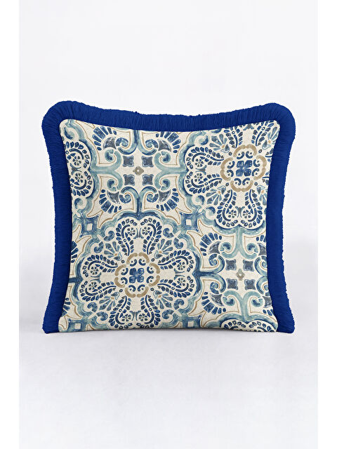 Milbay Grup Lüks Akdeniz Motifli Saçaklı Yastık Kılıfı - Klasik Boho İskandinav Mavi Bej Püsküllü Kırlent Kılıfı