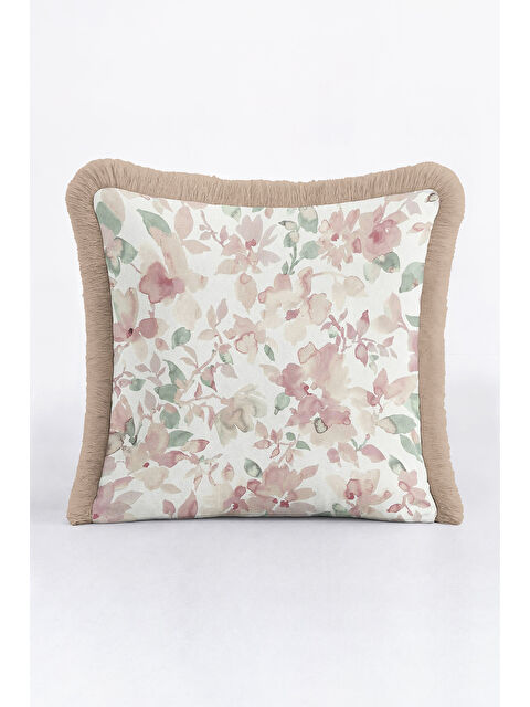 Milbay Grup Pastel Çiçek Bahçesi Saçaklı Yastık Kılıfı - Romantik Vintage Pudra Bej Püsküllü Kırlent Kılıfı