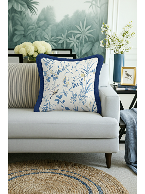 Milbay Grup Chinoiserie Kuşlu Saçaklı Yastık Kılıfı - Ege Botanik Country Mavi Kenarlı Püsküllü Kırlent Kılıfı