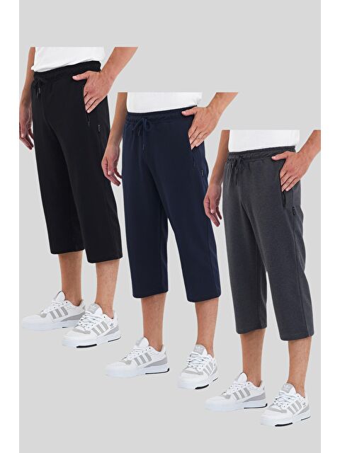 Mmetalic Erkek 3'Lü Cepleri Fermuarlı Bermuda Diz Altı Büyük Beden Kapri Beli Ayarlanabilir Büyük Beden Şort