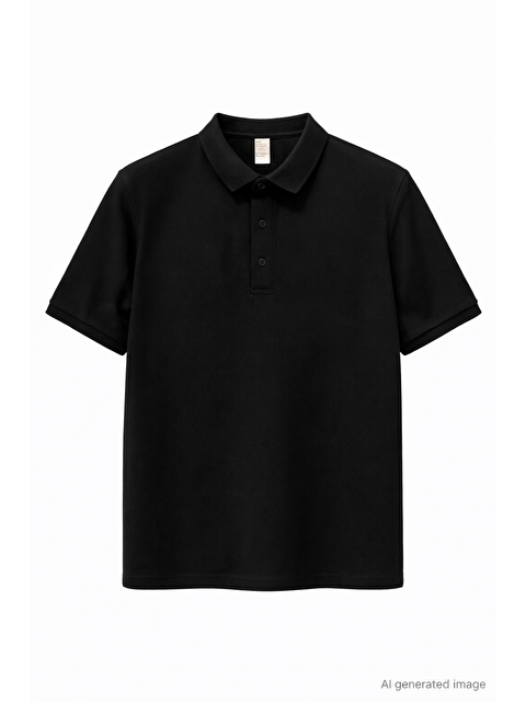 Jane's Yakası Düğmeli Yakalı Pike Düz T-Shirt - Siyah - S000528243-19351