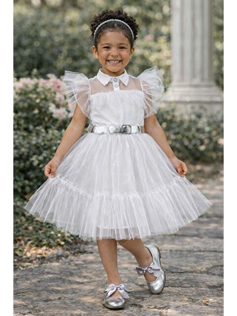 Riccotarz Kız Çocuk Gömlek Yaka Göğsü Ve Kolları Tül Detaylı Wednesday Beyaz Elbise - S000065768-20063