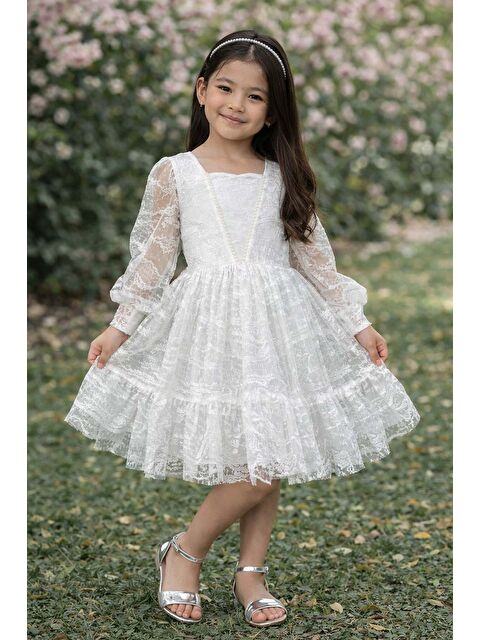 Riccotarz Kız Çocuk Kolları Transparan Yakası İnci Boncuklu Etek Ucu Fırfırlı Beyaz Abiye - S000057919-20063
