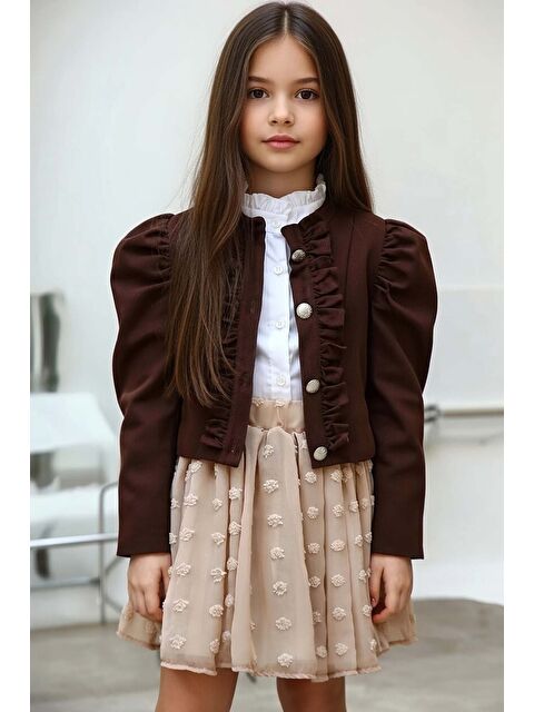 Riccotarz Kız Çocuk Puantiyeli Etek ve Denim Ceketli Kahverengi Etekli Takım - S000109580-19413