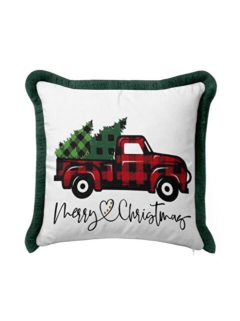 Milbay Grup Kareli Kırmızı Kamyon Saçaklı Yastık Kılıfı - Noel Yeşil Rustik Püsküllü Kırlent Kılıfı