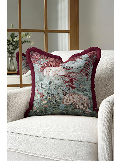 Milbay Grup Egzotik Orman Fil Figürlü Saçaklı Yastık Kılıfı - Vintage Bohem Bordo Zümrüt Püsküllü Kırlent Kılıfı
