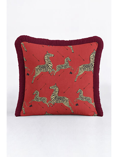 Milbay Grup Lüks Zebra Motifli Saçaklı Yastık Kılıfı - Safari Bohem Kırmızı Altın Renkli Püsküllü Kırlent Kılıfı