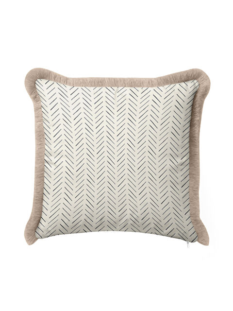 Milbay Grup Modern Şerit Çizgili Saçaklı Yastık Kılıfı - İskandinav Tarz Bej Kenarlı Gri Püsküllü Kırlent Kılıfı