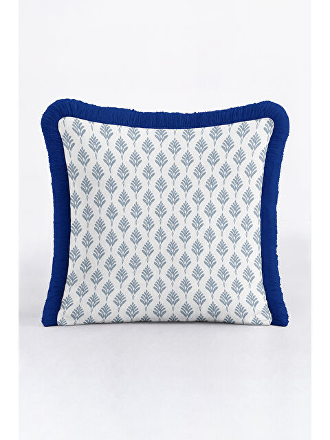 Milbay Grup Zarif Lotus Motifli Saçaklı Yastık Kılıfı - Modern Mavi Beyaz Püsküllü Kırlent Kılıfı