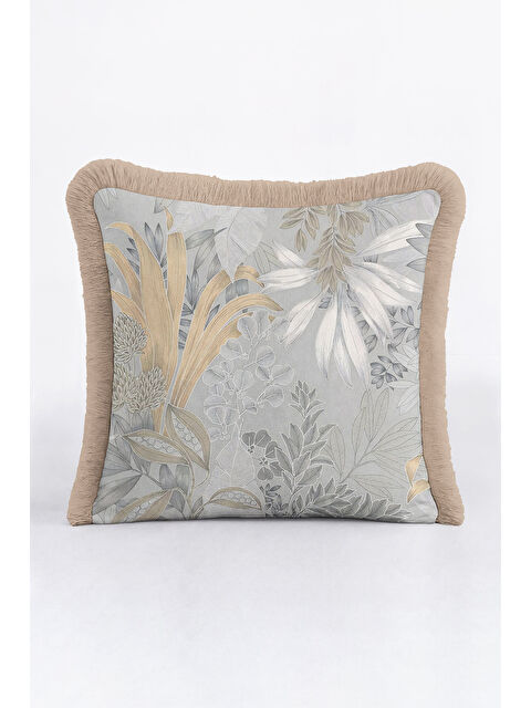 Milbay Grup Lüks Botanik Saçaklı Yastık Kılıfı - Yumuşak Doğa Modern Gri Altın Renkli Püsküllü Kırlent Kılıfı