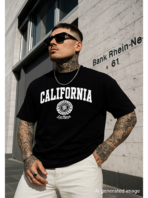 Trendseninle Siyah California United State 91  Baskılı Oversize Erkek Kısa Kollu Tişört - S000176088-19351