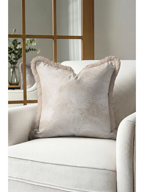 Milbay Grup Tropikal Esinti Saçaklı Yastık Kılıfı - Doğal Bohem Bej Püsküllü Kırlent Kılıfı