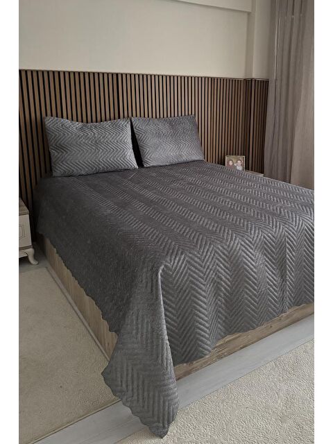 Çeyiz Diyarı Velica Çift Kişilik Kadife Yatak Örtüsü Antrasit - S000485696-23173